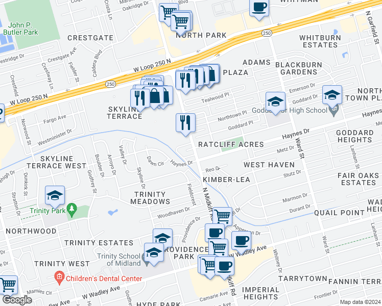 map of restaurants, bars, coffee shops, grocery stores, and more near 3301 Moss Court in Midland
