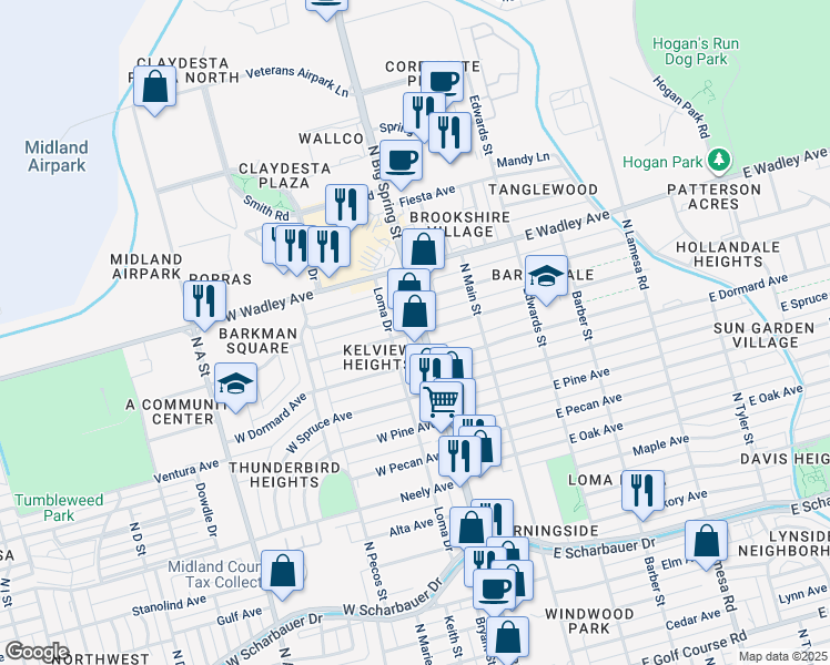 map of restaurants, bars, coffee shops, grocery stores, and more near 3106 North Big Spring Street in Midland