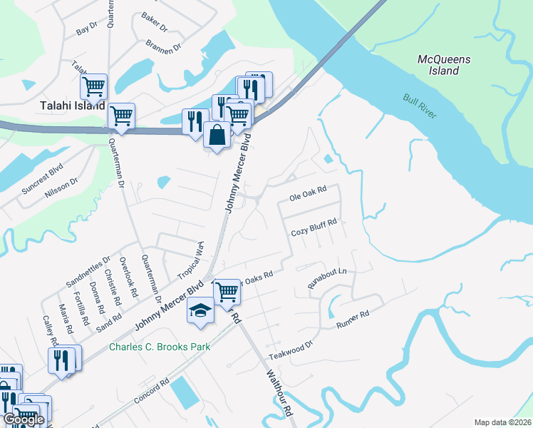 map of restaurants, bars, coffee shops, grocery stores, and more near 44 River Oaks Road in Savannah