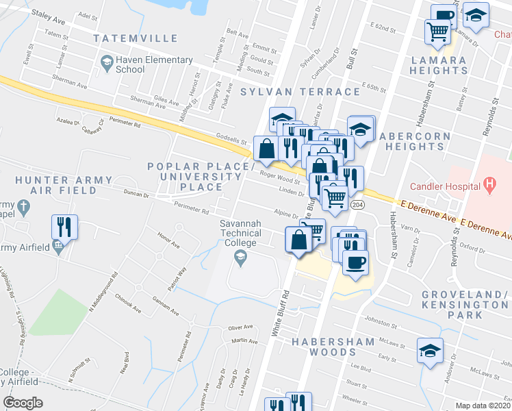 map of restaurants, bars, coffee shops, grocery stores, and more near 118 Alpine Drive in Savannah
