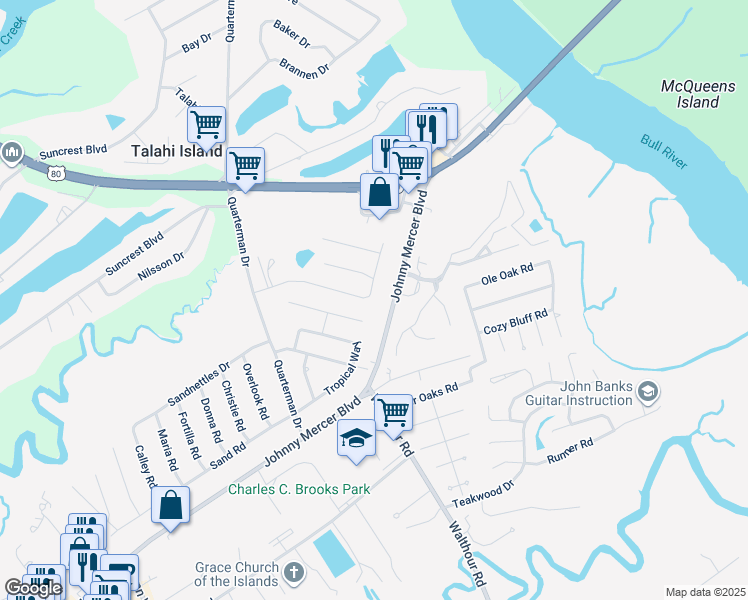 map of restaurants, bars, coffee shops, grocery stores, and more near 133 Blue Heron Drive in Savannah