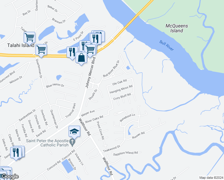 map of restaurants, bars, coffee shops, grocery stores, and more near 4 Hanging Moss Road in Savannah