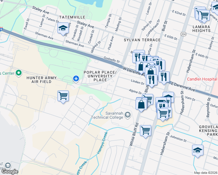 map of restaurants, bars, coffee shops, grocery stores, and more near 205 Hampstead Avenue in Savannah