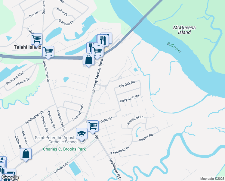 map of restaurants, bars, coffee shops, grocery stores, and more near 44 River Oaks Road in Savannah