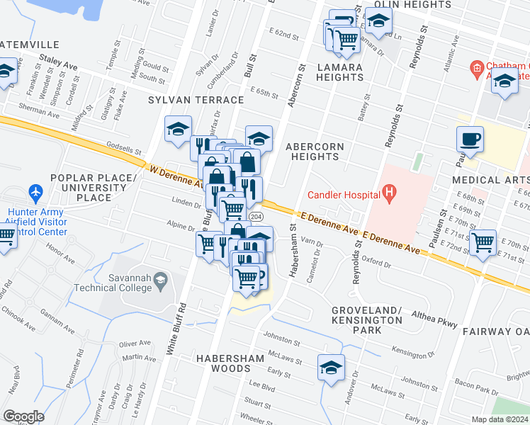 map of restaurants, bars, coffee shops, grocery stores, and more near 101 East DeRenne Avenue in Savannah