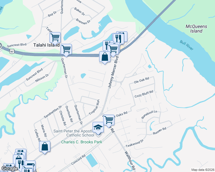 map of restaurants, bars, coffee shops, grocery stores, and more near 7518 Johnny Mercer Boulevard in Savannah