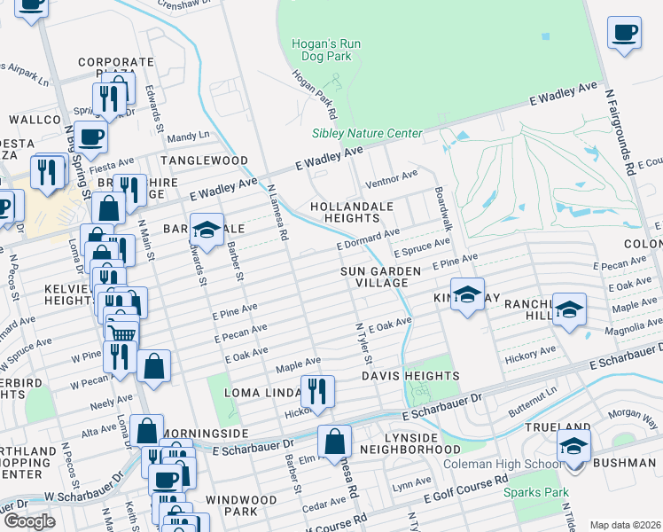 map of restaurants, bars, coffee shops, grocery stores, and more near 1120 East Dormard Avenue in Midland