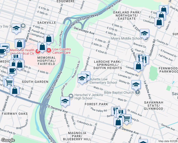 map of restaurants, bars, coffee shops, grocery stores, and more near 2220 Armstrong Drive in Savannah