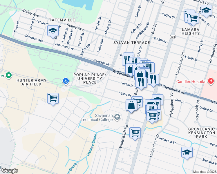 map of restaurants, bars, coffee shops, grocery stores, and more near 134 Alpine Drive in Savannah