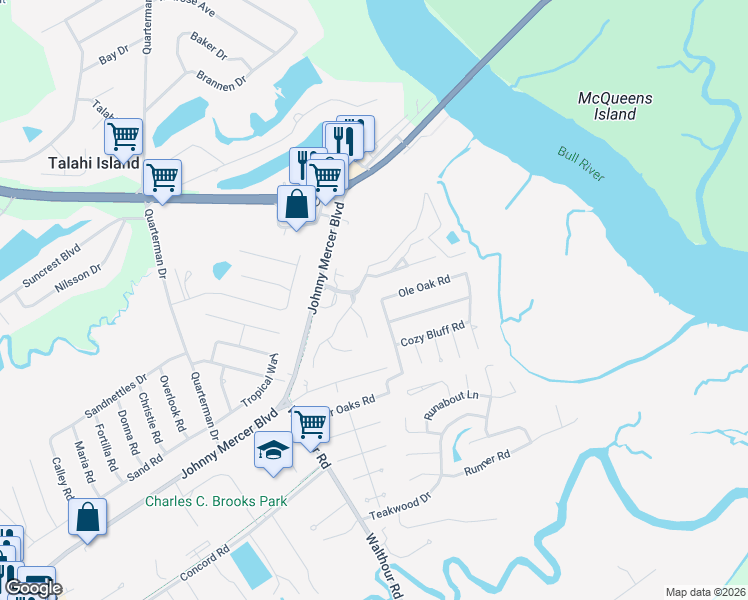map of restaurants, bars, coffee shops, grocery stores, and more near 44 River Oaks Road in Savannah