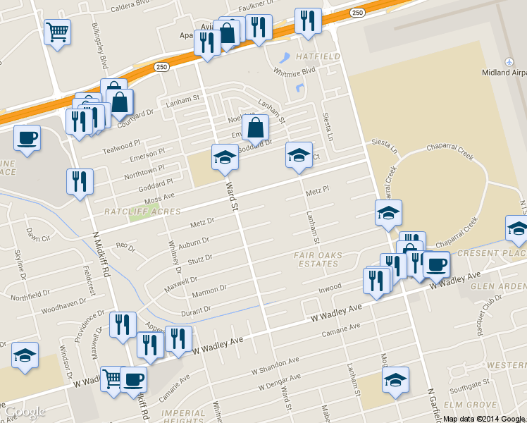 map of restaurants, bars, coffee shops, grocery stores, and more near 6 Metz Court in Midland
