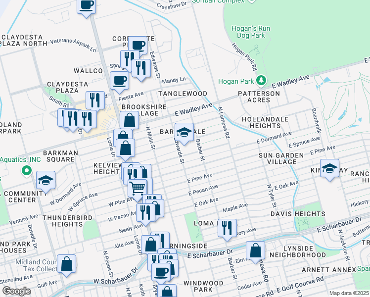 map of restaurants, bars, coffee shops, grocery stores, and more near 301 East Dormard Avenue in Midland