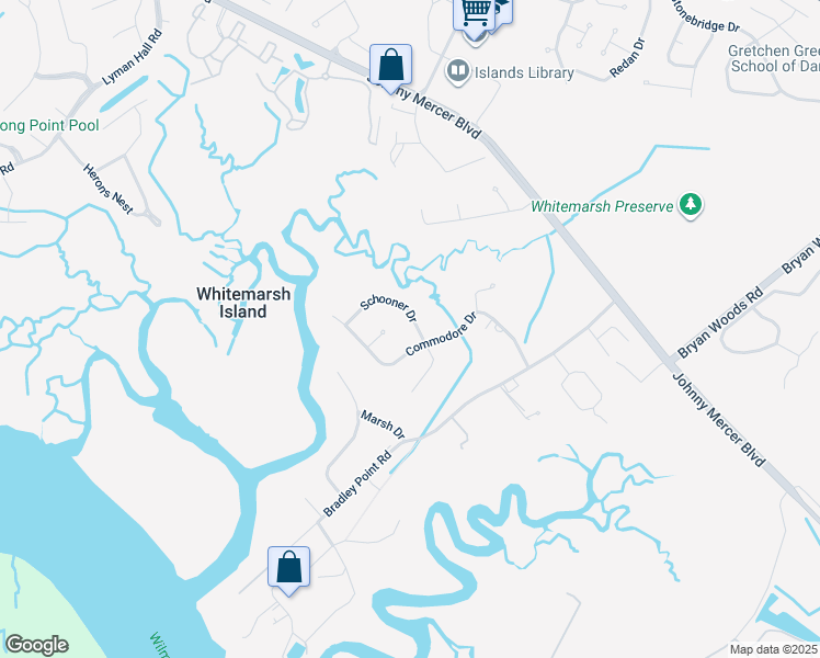 map of restaurants, bars, coffee shops, grocery stores, and more near 124 Schooner Drive in Savannah