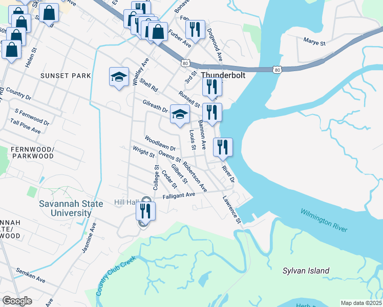 map of restaurants, bars, coffee shops, grocery stores, and more near 3306 George Street in Savannah