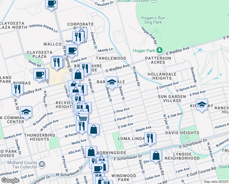 map of restaurants, bars, coffee shops, grocery stores, and more near 301 East Dormard Avenue in Midland