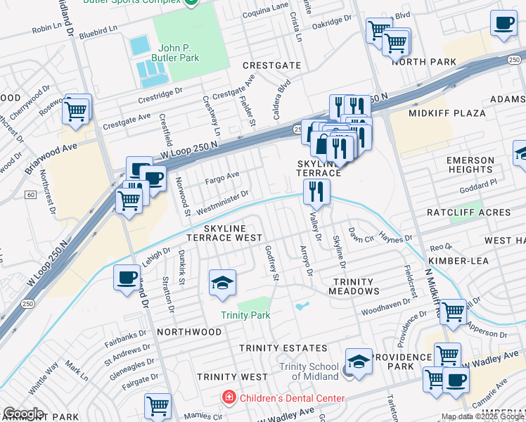 map of restaurants, bars, coffee shops, grocery stores, and more near 4112 Godfrey Street in Midland