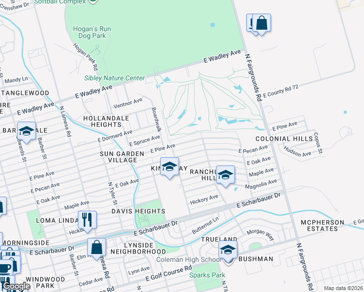 map of restaurants, bars, coffee shops, grocery stores, and more near 1606 East Pine Avenue in Midland