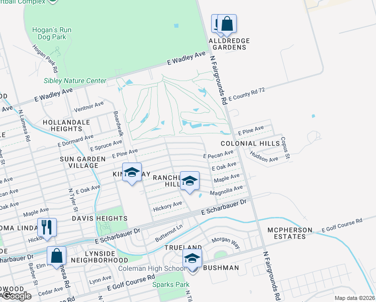 map of restaurants, bars, coffee shops, grocery stores, and more near 1721 East Pecan Avenue in Midland