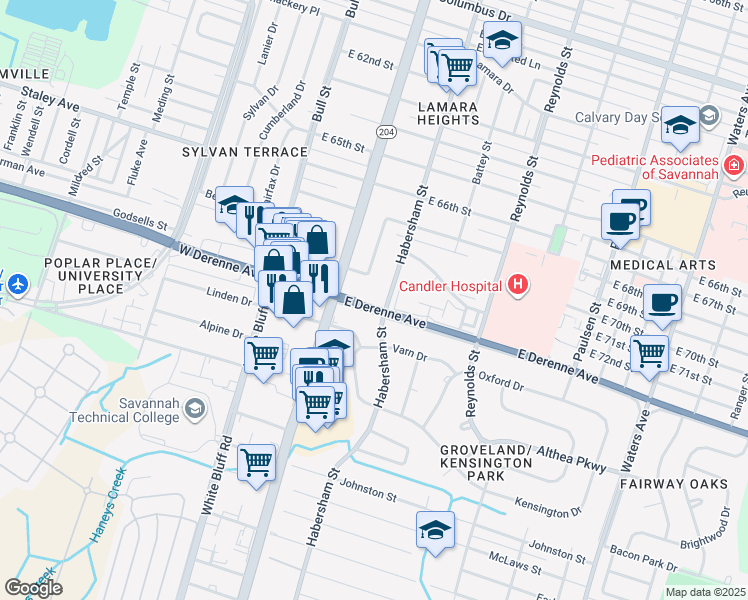 map of restaurants, bars, coffee shops, grocery stores, and more near 112 East DeRenne Avenue in Savannah