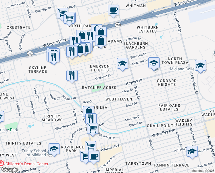 map of restaurants, bars, coffee shops, grocery stores, and more near 2826 Haynes Drive in Midland