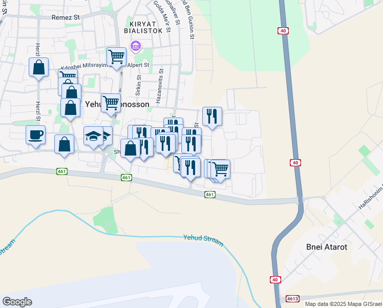 map of restaurants, bars, coffee shops, grocery stores, and more near 5 Altalef Street in Yehud-Monosson