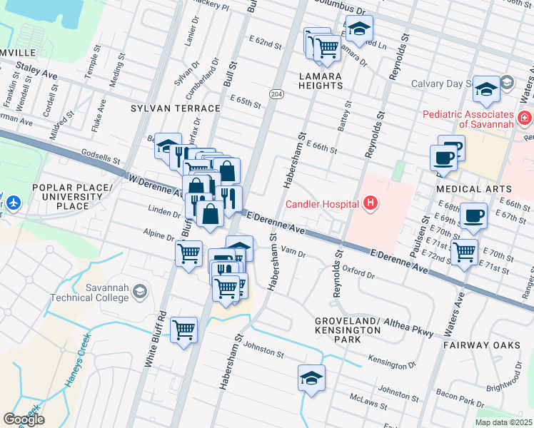 map of restaurants, bars, coffee shops, grocery stores, and more near 112 East DeRenne Avenue in Savannah