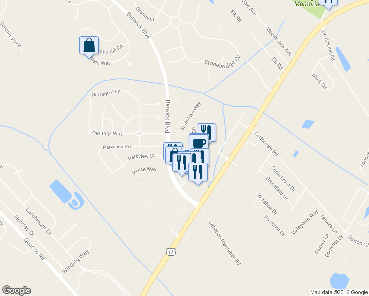 map of restaurants, bars, coffee shops, grocery stores, and more near 37 Stonelake Circle in Savannah