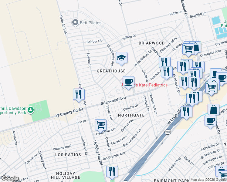 map of restaurants, bars, coffee shops, grocery stores, and more near 5200 Briarwood Avenue in Midland