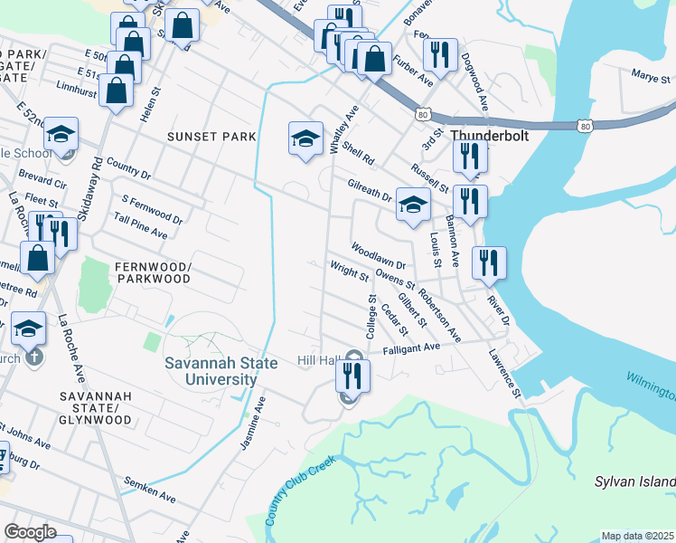map of restaurants, bars, coffee shops, grocery stores, and more near 3103 Wright Street in Savannah