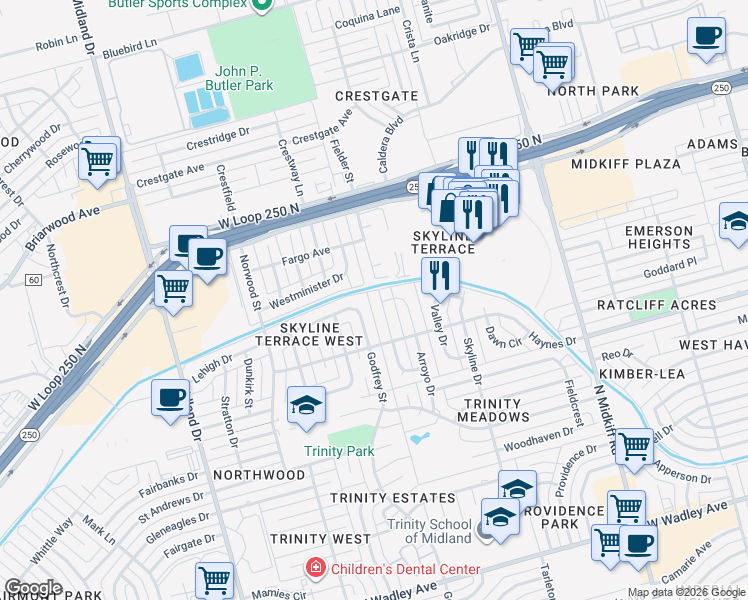 map of restaurants, bars, coffee shops, grocery stores, and more near 4112 Godfrey Street in Midland