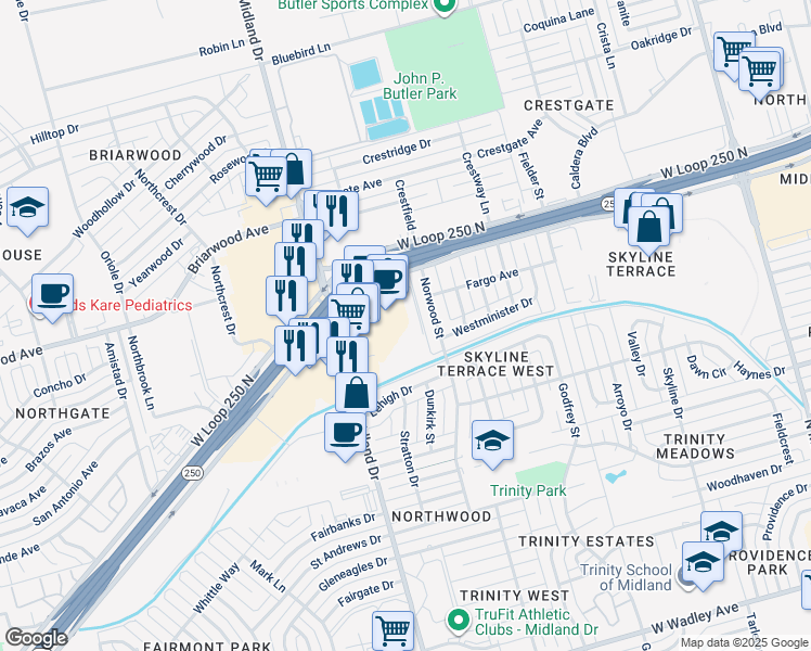 map of restaurants, bars, coffee shops, grocery stores, and more near 4411 Norwood Street in Midland