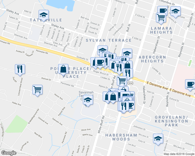 map of restaurants, bars, coffee shops, grocery stores, and more near 109 Linden Drive in Savannah