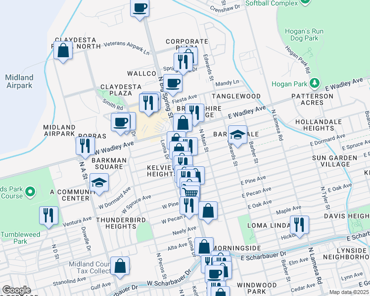 map of restaurants, bars, coffee shops, grocery stores, and more near 3106 North Big Spring Street in Midland