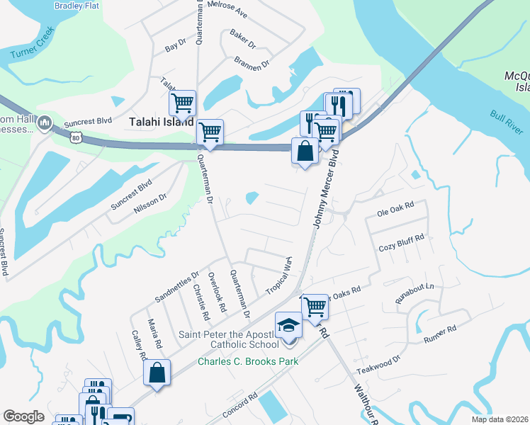 map of restaurants, bars, coffee shops, grocery stores, and more near 120 Blue Heron Drive in Savannah