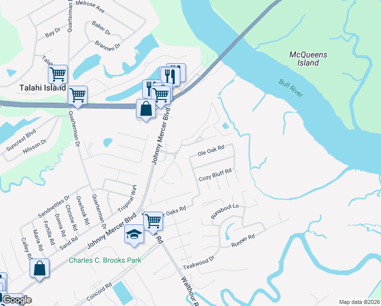 map of restaurants, bars, coffee shops, grocery stores, and more near 44 River Oaks Road in Savannah