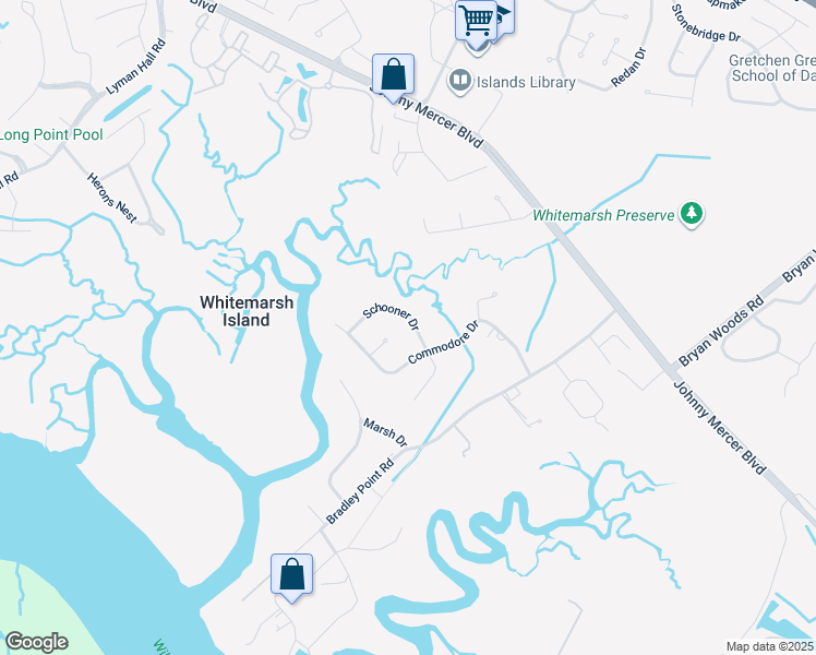 map of restaurants, bars, coffee shops, grocery stores, and more near 124 Schooner Drive in Savannah