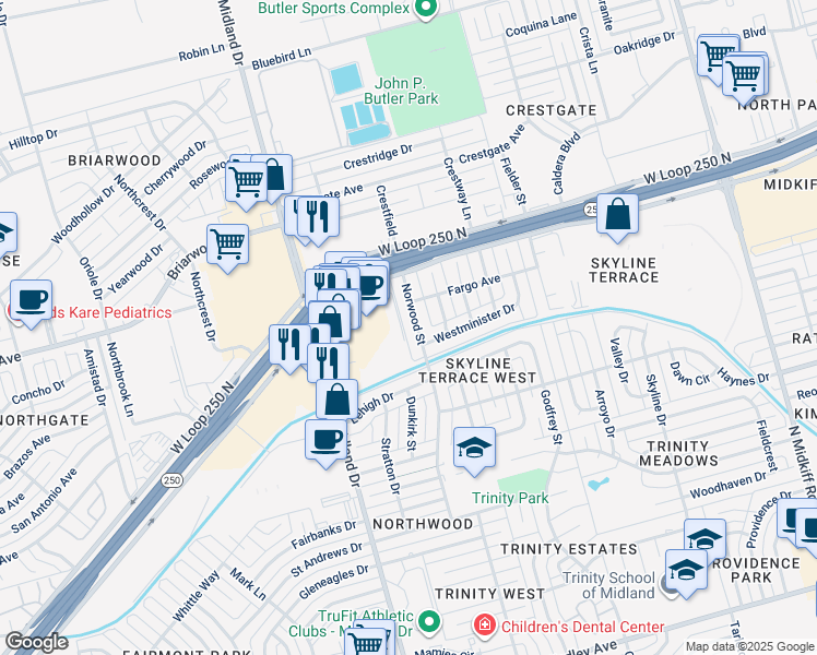 map of restaurants, bars, coffee shops, grocery stores, and more near 4411 Norwood Street in Midland