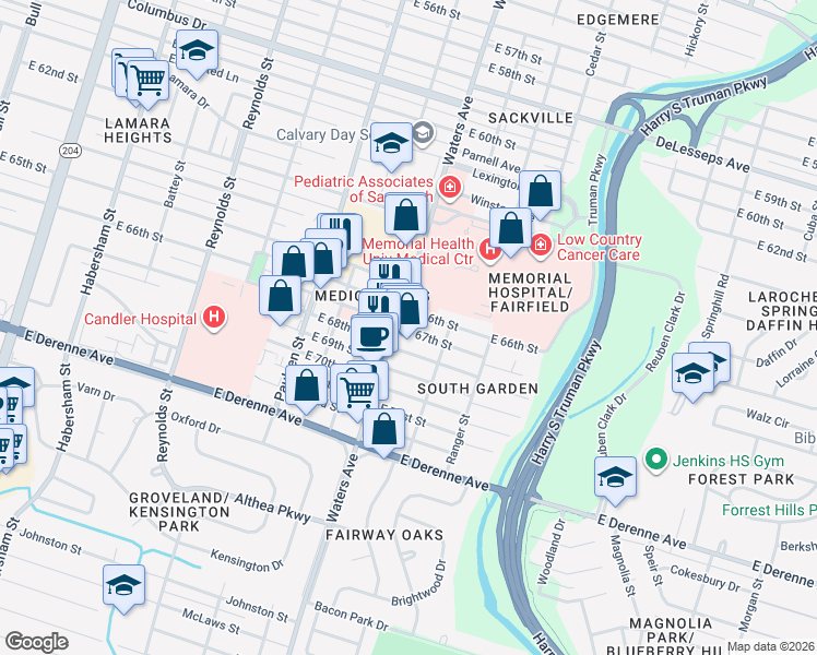 map of restaurants, bars, coffee shops, grocery stores, and more near 1104 East 67th Street in Savannah