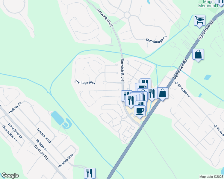 map of restaurants, bars, coffee shops, grocery stores, and more near 13 Sweetwater Lane in Savannah