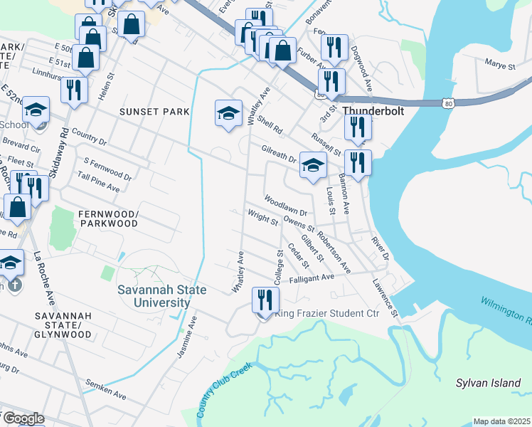 map of restaurants, bars, coffee shops, grocery stores, and more near 3103 Wright Street in Savannah
