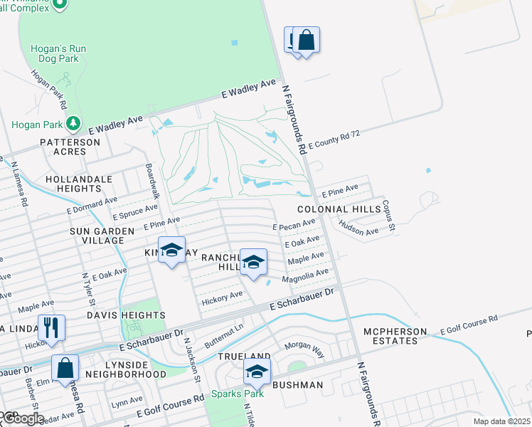 map of restaurants, bars, coffee shops, grocery stores, and more near 1721 East Pecan Avenue in Midland