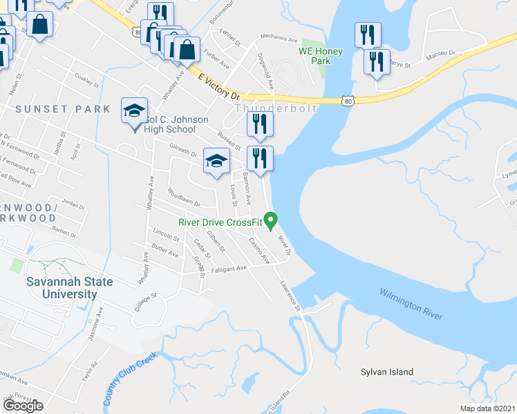 map of restaurants, bars, coffee shops, grocery stores, and more near 3004 River Drive in Savannah