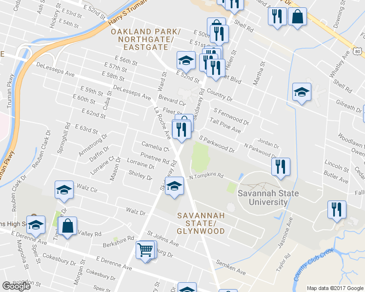 map of restaurants, bars, coffee shops, grocery stores, and more near 4435 Skidaway Road in Savannah