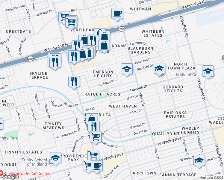 map of restaurants, bars, coffee shops, grocery stores, and more near 2826 Haynes Drive in Midland