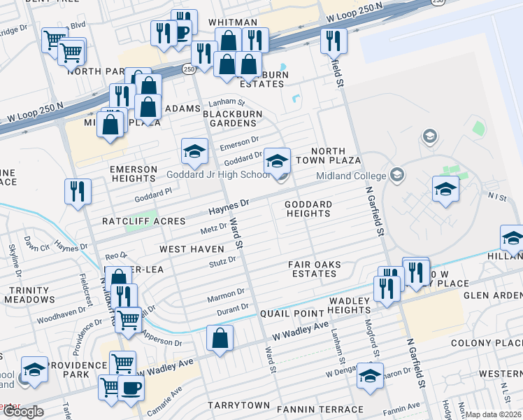 map of restaurants, bars, coffee shops, grocery stores, and more near 6 Metz Court in Midland