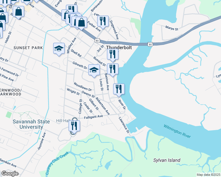 map of restaurants, bars, coffee shops, grocery stores, and more near 3004 River Drive in Savannah