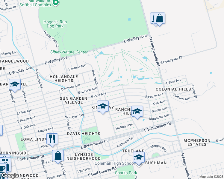 map of restaurants, bars, coffee shops, grocery stores, and more near 1606 East Pine Avenue in Midland