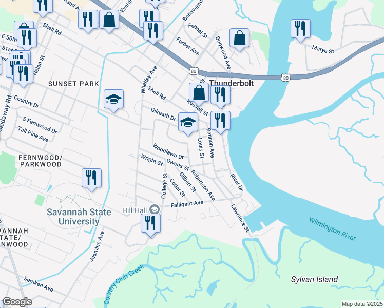 map of restaurants, bars, coffee shops, grocery stores, and more near 3306 George Street in Savannah