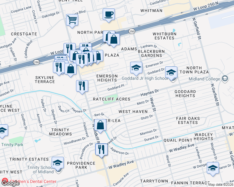 map of restaurants, bars, coffee shops, grocery stores, and more near Moss Avenue in Midland