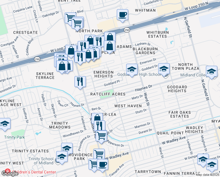 map of restaurants, bars, coffee shops, grocery stores, and more near Moss Avenue in Midland